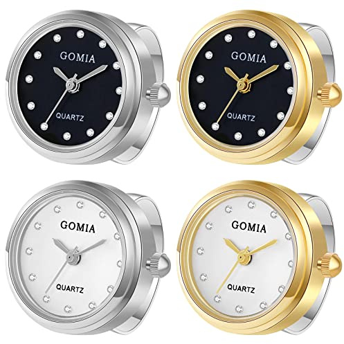 JewelryWe Ringuhr Fingeruhr Damen Herren Analog Quarz Edelstahl Verstellbar Ring Uhr Fingerringuhr Uhrenring mit Strass Rundem Zifferblatt, Gold Silber