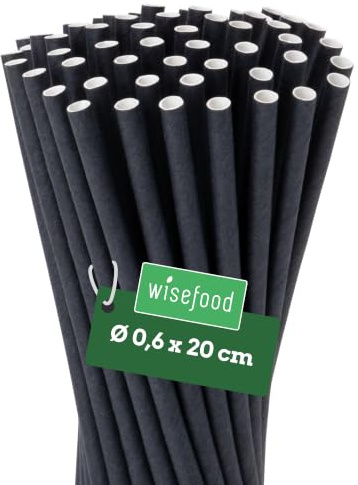 Wisefood® Strohhalme Papier [20 cm Ø 6] Party Deko [Schwarz] alternative Strohhalme Plastik-frei für Geburtstag Hochzeit DIY [4000 Stk] für Cocktail Getränke Cola Energy Drink Wasser Limo BIO