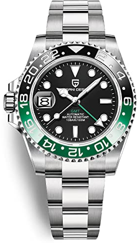 Pagani Design Herrenuhr Automatik Mechanische Uhr GMT Dual-Zeitzone Armbanduhren Edelstahl Zweifarbige Keramiklünette 100M Wasserdicht PD-1662 (3 Grün Schwarz)