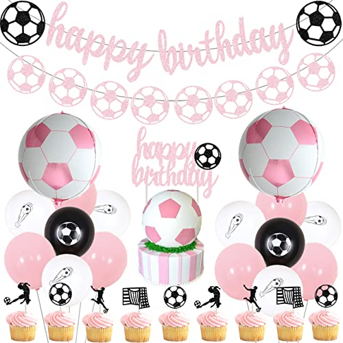 Sursurprise Décorations de fête d'anniversaire de football pour filles - Bannière d'anniversaire rose - Guirlande de ballons pour fête d'anniversaire sur le thème du sport