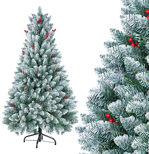 Homewit Künstliche Weihnachtsbaum mit Schnee 160 cm, PVC Tannenbaum mit 500 Zweige, Kiefernzapfen & Metallständer, Christbaum Abziehbar Klappbar für Wohnzimmer Büro Party Weihnachtsmarkt