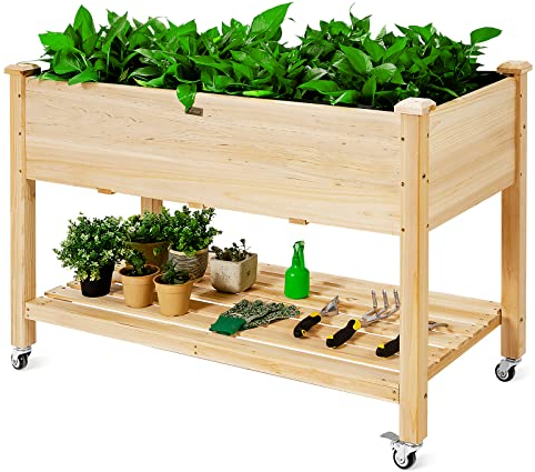 GOPLUS Jardinera Exterior con Ruedas Bloqueables y Estante, Elevada de Madera de Abeto con Agujeros de Drenaje y Forro no Tejido, Huerto Urbano para Flores Hierbas Verduras, 120 x 59 x 84 cm