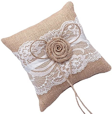 Laurel & Mason Natural Jute Wedding Ring Pillow - Rustic Flower With Lace Cushion Bearer Wedding Decorations 15cm