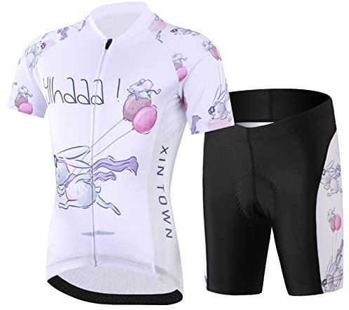 L SERVER Radtrikot Kinder Set Jungen mit Tasche Mädchen Elastisch Fahrradtrikot + Gepolsterte Shorts Atmungsaktiv Fahrradanzug, Kaninchen, 2XL