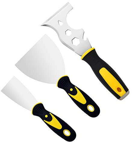 3Pcs Putty Knife, 2 4 Spackle Knife Set Stainless Steel 15-in-1 Painters Scraper Wallpaper Scraper Tool for Repairing Drywall, Removing Wallpaper, Applying Putty, Plaster, Cement, Adhesive