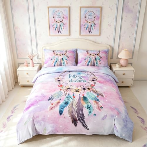 Homemissing Dreamcatcher Parure de lit 140 x 200 cm Attrape Rêves Fleurs Plumes Housse de Couette Chasseurs de Rêves Literie Enfant Adolescent coloré Bohamian Housse de Couette Rose Coloré Tie Dye