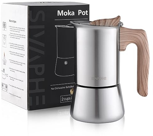 Sivaphe Cafetera espresso 2 tazas 100 ml (sin inducción), cocina de acero inoxidable, cafetera expreso sin aluminio