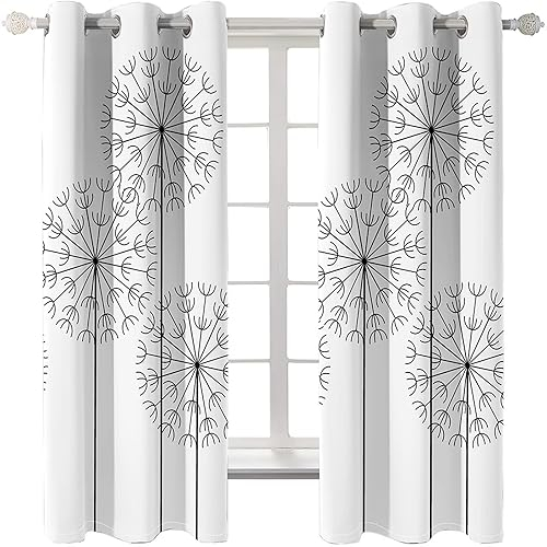Homxi Abdunkelnde Vorhänge 2er Set,2 x 137W x 274H cm,Blickdichte Vorhänge Kinderzimmer Schwarz Weiß Löwenzahn Vorhang Ösenringe