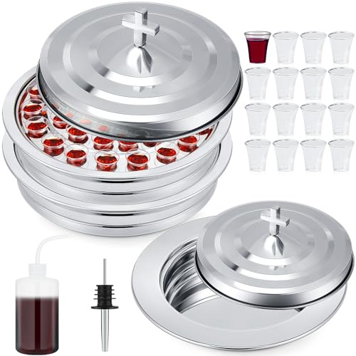 Zhehao Juego de bandejas de comunión para iglesias, 2 bandejas de vino santo con tapa, 1 plato de pan apilable de acero inoxidable con tapa, 1 relleno de taza de comunión y 100 vasos desechables de