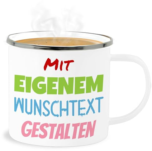 Emaille Becher Blechbecher - Aufdruck selbst gestalten - Wunschtext I Mit eigenem Text personalisiert I Custom Text - 300 ml - Weiß Silber - namensbecher personalisierte beschriften tasse