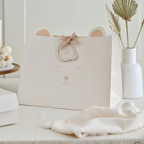 Ginger Ray Baby Shower White Teddy Bear Gift Bag with Pop-out Ears and Gift Tag
