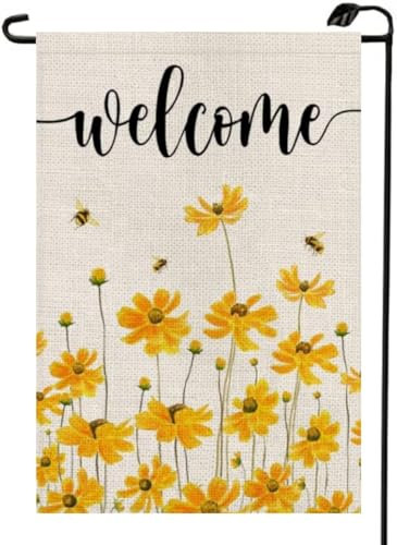 Willkommens-Frühlings-Wildblumen-Gartenflagge, Blumenmuster, 30,5 x 45,7 cm, doppelseitig, für den Außenbereich, Sommer, kleine Jute, saisonale Gartendekoration