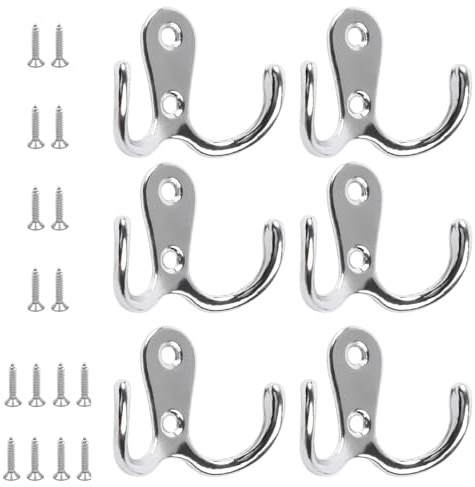 KTHZI 6 Pack Double Prong Robe Hooks with 16 PCS Screws,Chrome Wall Mounted Dual Coat Hooks,Hanging Clothes Hooks for Bathroom,Bedroom,Door,Kitchen Wall(Sliver)