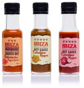 Sauce piquante. Pack 3 sauces piquantes d'IBIZA. 1) Sauce piquante Habanero fumée. 2) Sauce jaune Carolina Reaper. 3) Sauce rouge Carolina Reaper. Sauces Piquantes Pack parfait pour vos recettes.