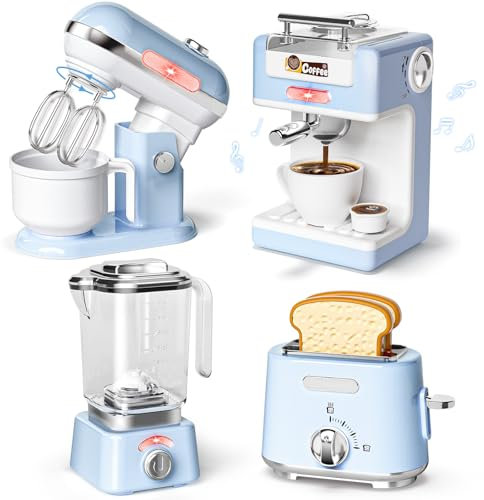 Toyssa Toy Kitchen Accessories Coffee Machine Blender Mixer Toaster, Pretend Play Kitchen Appliances with Realistic Working Mechanism Sound Light, Toys Gifts for 3 4 5 6 7 8 Year Old Girls Boys Kids