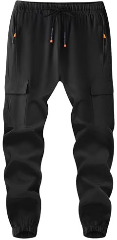ANHDM Boys Athletic Quick Dry Cargo Pants Lightweight Hiking Jogger Pants with Zipper Pockets, Black, 13-14 Years