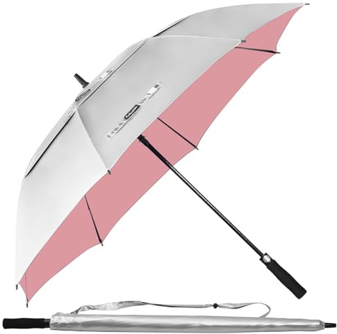 Fulynmen Sonnenschirm, UV-Schutz, 157 cm, LSF 50+, großer Golfschirm, winddicht, doppeltes Baldachin, belüftet, automatisches Öffnen, Silber/Rosa
