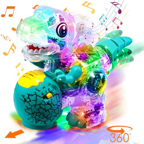 TEUVO Dinosaurie Robot Leksak med Ljus & Musik, Elektronisk Genomskinlig T-Rex Dinosaurie Gående med Dinoägg,Svängande Hand Vickande Svans, Pedagogisk Dino-ägg Present för 3+ barn Födelsedag Jul