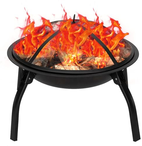 Brasero portátil para exteriores, brasero de leña plegable y redondo para exteriores, brasero de metal de 22 pulgadas con patas plegables, parrilla y atizador para patio, jardín, camping, color negr