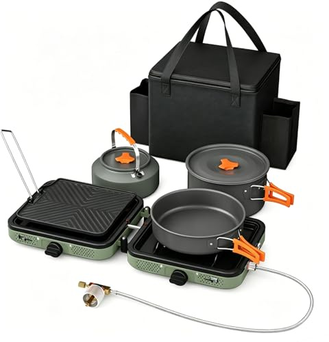 GFTIME Portable 2 Burner Camping Stove Set with Cookware, 30,000 BTU/h, Outdoor Cooking Kit Includes Outdoor Folding Gas Stove, Frying Pan, Griddle, Kettle, Pot, and Carry Bag, For Propane & Butane