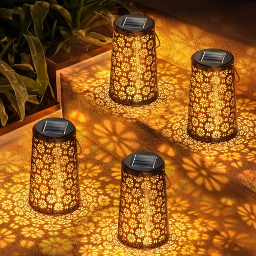 Birthday Gifts for Women, Solar Garden Lanterns 4 Pack, Weatherproof Metal Outdoor Lights - Solar Powered Decorative Lighting for Pathway Fence