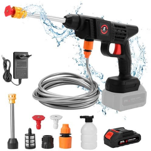 Nettoyeur Haute Pression sans Fil, Nettoyeur Haute Pression sur Batterie 30Bar, Pistolet Haute Pression avec Buse Réglable, Tuyau de 5M, pour Le Nettoyage et Arrosage (1 Batterie de 15000mAh)