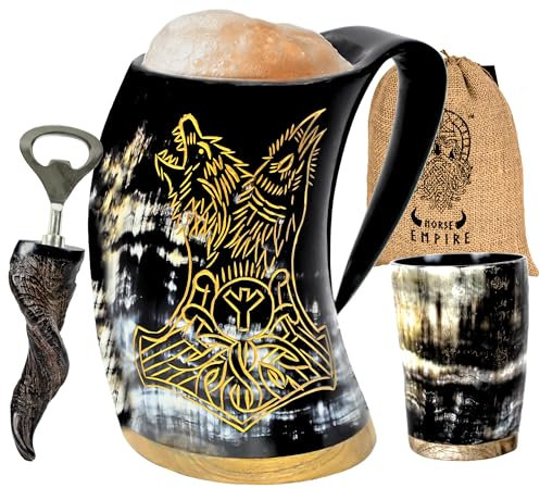 Viking Horn Mug - 100% Authentic 20oz Ultimate Unique Handmade Ox Horn Norse Tankard for Hot & Cold Drinks-Gift for Men and Women- Food Grade Medieval Style Man's Beer & Mead Cup (Wolf,Raven,Mjolnir)…