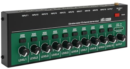Mini mixeur audio 10 canaux - 10 canaux - Petite table de mixage stéréo - Faible bruit - Submixage précis - Sortie idéale pour microphones, PC, guitares, basses, scène