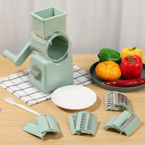 Rotary Cheese Grater with Handle 5 in 1 Vegetable Slicer Shredder Dicer Hand Crank Rotary Cheese Shredder with Nonslip Suction Base 5 Interchangeable Blades for Kitchen, Cucumber, Carrot, Potato, Nuts