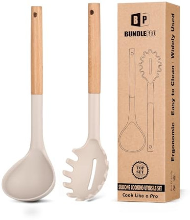 Silicone Pasta Fork and Ladle Spoon Set with Wooden Handle, Heat Resistant Non Stick Kitchen Utensils for Cooking, Stirring, Serving Spaghetti, Soup, Sauce (Khaki)