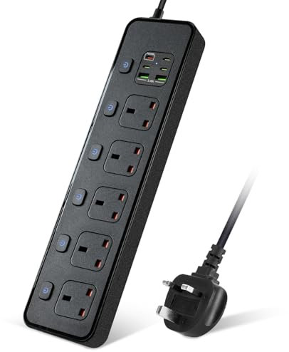 BOCHLION Extension Lead with 6 USB Slots, 5 Way Plug Extension Socket Surge Protection Power Strip with PD30W USB C Slot, Independent Switches and 2M Extension Cord Wall Mounted for Home Office-Black
