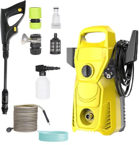 Idropulitrice ad Alta Pressione Max 135Bar, Potente Idropulitrice Portatile, 1500W, 350L/H, Tubo 1,8M/10M e Attacco Rapido, Brocca di Schiuma, Cavo Elettrico da 1,5M, Casa, Giardino e Auto (Giallo)