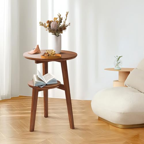 MSFE Tavolino Divano Laterale, Tavolino Salotto Rotondo con 2 livelli Ripiani Rotondi, Tavolino Laterale moderno in bambù, Comodino per divano/letto/vasca da bagno