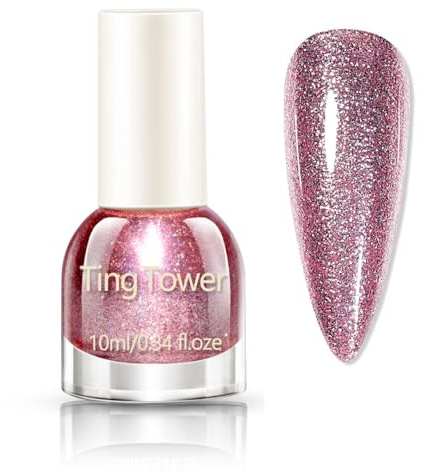 Glitter Nail Polish - Shiny Pink Nail Varnish - Shimmering Sparkly Pink Nail Varnish - Quick-Drying Holographic Nail Paint High Glossy Long-lasting Sequins Nail Art Varnish No Need Cure
