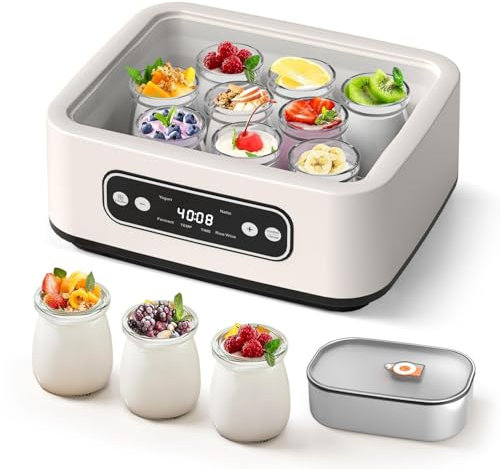 WaaYb Yogurtera Probiótica, Yogurtera con Control de Temperatura y Tiempo Ajustables, Yogurtera Digital Multifuncional Automática de 1.7 Cuartos con 9 Frascos de Vidrio para Queso, Fruta y Vino