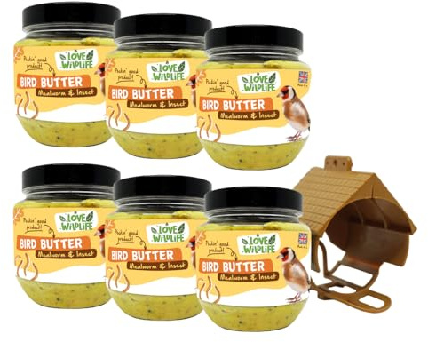 Love Wildlife Mealworm & Insect Bird Butter 6 x 375g with Feeder | High Energy Food for Wild Garden Birds, Premium High Protein Suet, All Natural Ingredients, Ideal for All Year Round Feed