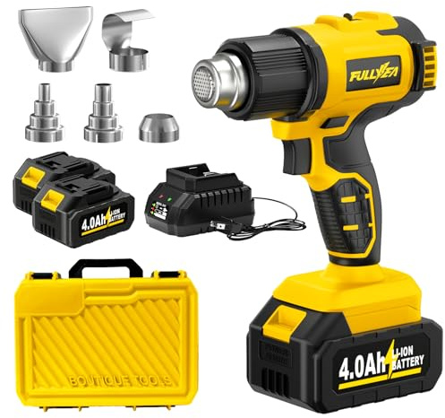 FULLYEA Cordless Heat Gun, Max 1022°F (550°C), Lightweight Hot Air Gun with 5 Nozzles & 2x4.0Ah Batteries, Portable Heat Gun Kit for Shrink Tubing, PVC Wrap, DIY Crafts (Yellow)