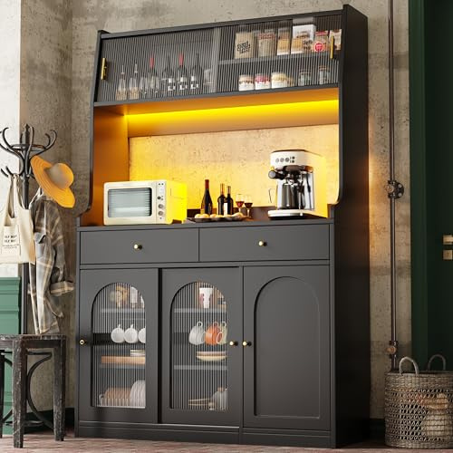 FammyLoft Küchenschrank mit Verstellbaren Ablagen, Buffetschrank mit 2 Schubladen, Küchenbuffet mit LED-Beleuchtung, Hochschrank, Wohnzimmerschrank, Variable Lichtfarben, vitrine, Schwarz