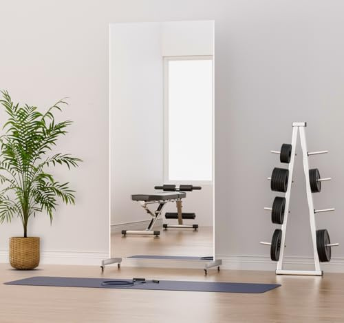 BAREX Glasloser Rollspiegel 80×180 cm Weiß – Bruchsicher, Leicht, Mobil mit Rollen – Perfekt für Fitness, Tanzstudio, Ballett, Yoga, Home Gym, Boutique & Fotoshooting – Glasfreie, sichere Spiegelwand