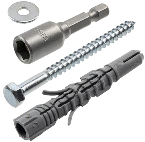 AERZETIX - Kit de 50 tacos de nylon Ø8x60 mm + 50 tirafondos Ø5x60 mm + 50 arandelas anchas para tornillo M5 + 1 vaso de atornillado hexagonal interior 1/4 SW8