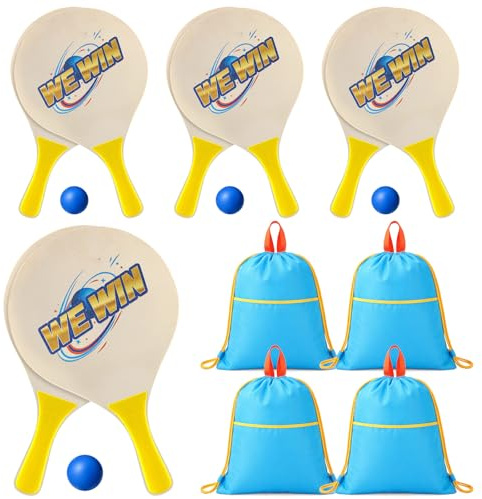 Junkin 4 Pairs Beach Paddle Ball Set with 8 Rackets 4 Paddle Ball 4 Drawstring Bag Funny Paddleball Rackets for Indoor Outdoor Summer Sports Toys Game Backyard Park Camping Yard
