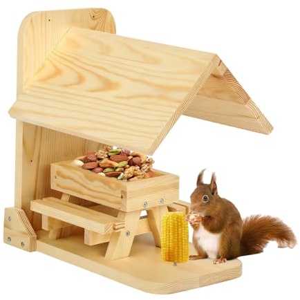 Ancsttu Casa para Ardillas - Casa de Madera con Soporte para de Maíz - Dispensador de Alimentos Fácil de Rellenar con Porta- para Jardín Balcón Árbol Valla Ventana Patio Terraza Exterior