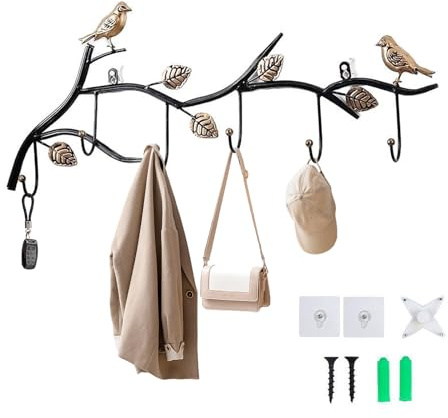 Wandgarderobe mit Vögeln - 27.5Kleiderbügel für Baumzweighallen, robuste Metallwandhaken für Mäntel, Jacken, Taschen, Schals, Hüte - Modernes dekoratives Gestell für Flur, Wohnzimmer Büro (Schwarz)