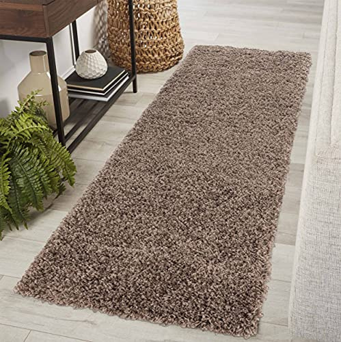 Oxford Plain Soft Thick Shaggy Hallway Runner Rug, Dark Beige, 60x220cm