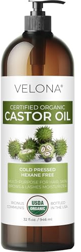 velona USDA Certified Organic Castor Oil - 32 fl oz | For Hair Growth, Boost Eyelashes, Eyebrows | Cold pressed, Natural Oil, USP Grade | Hexane Free, Lash Serum, Caster