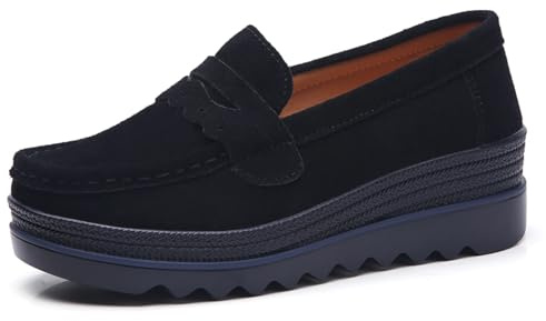DADAWEN Women's Slip-On Platform Loafers Wedge Heel Walking Shoes Black Size 7