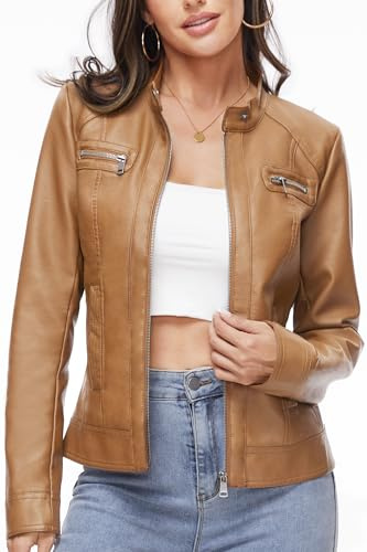 Fahsyee Women's Faux Leather Jackets, Zip Up Motorcycle Short PU Moto Biker Outwear Stand Collar Coat Size S Camel