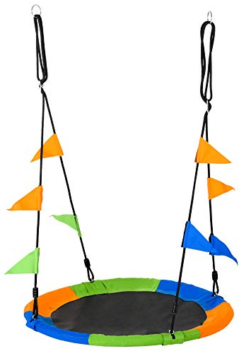 Outsunny Ø100 cm Nestschaukel Tellerschaukel Kinderschaukel Gartenschaukel bis 80 kg Outdoor belastbar für 3+ Jahre Metall Polyester Blau+Grün+Orange