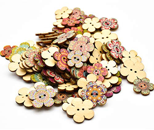 YMWALK Boutons En Bois Forme De Fleur, 100 Pièces Boutons De Motif Vintage Bouton D'artisanat À La Main Coloré Imprimé Boutons Décoratifs Pour Coudre À Tricoter Arts Artisanat DIY Décoration