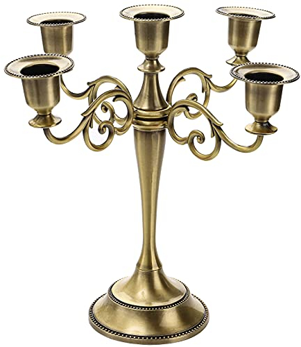 YOUEON Candelabro a 5 bracci, 26 cm, in bronzo anticato, portacandele in bronzo per candele a pilastro da 2,5 cm di diametro, portacandele conico, decorazione per candelabri, matrimoni